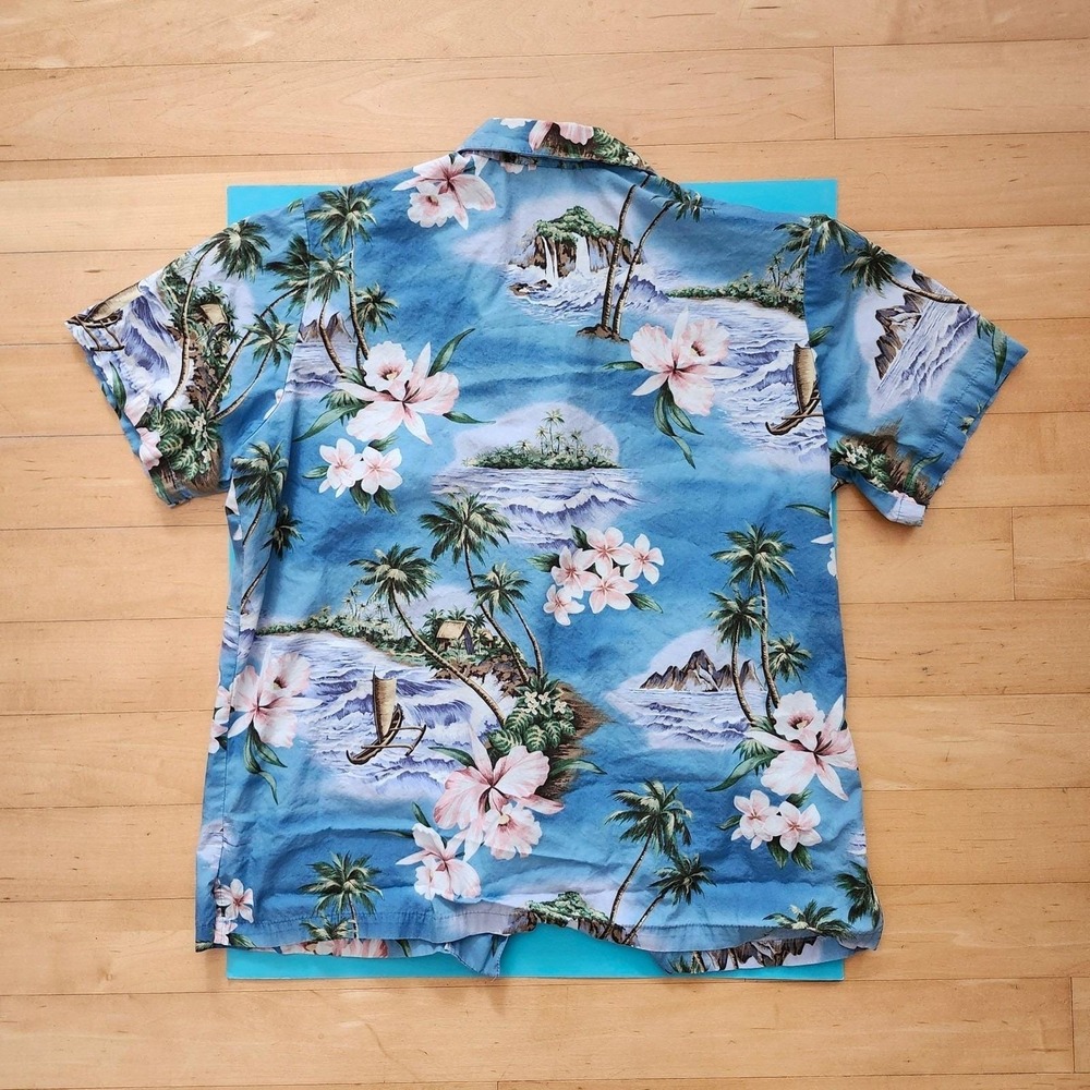 Vintage Hawaiian Shirt Floral  blue waves sailboat‎ Summer Tropical Kys Mens M - Picture 6 of 6